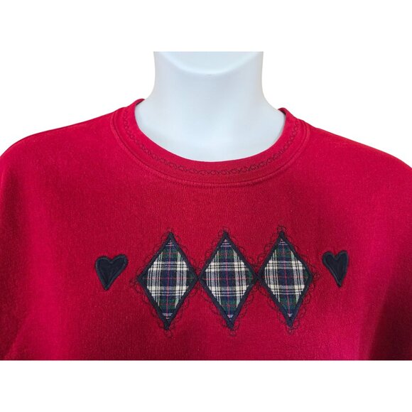 Red Sweatshirt Plaid Argyle Heart Accents vintage grannycore  Heavy Blend - Picture 3 of 4